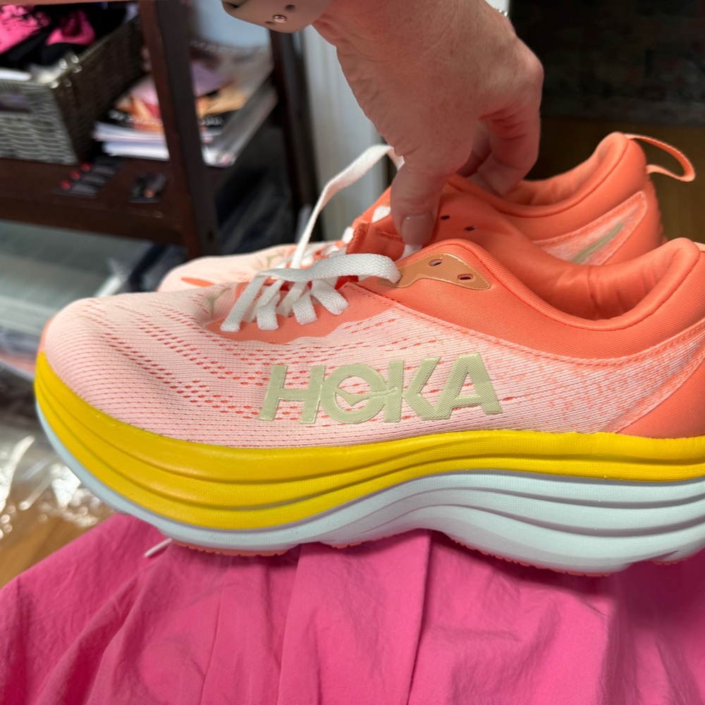 Hoka Pink and Yellow Athletic Shoes with Breathable Mesh